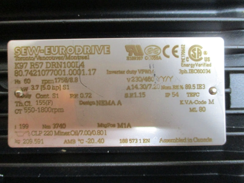 SEW-EURODRIVE K97R57DRN100L4 230/460V 14.30/7.20A NSMP