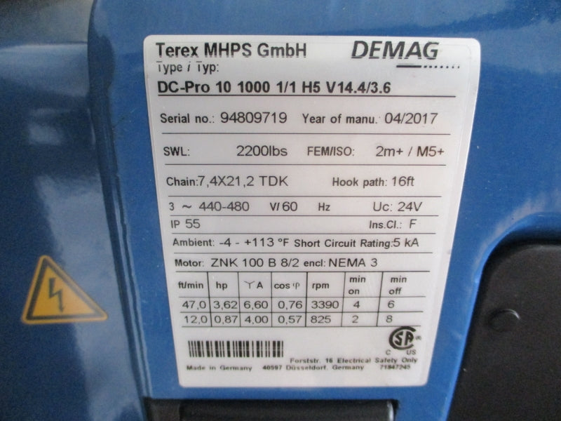 DEMAG DC-PRO101001/1H5V14.4/3.6 440-480V 4.00/6.60A 2200LBS NSNP