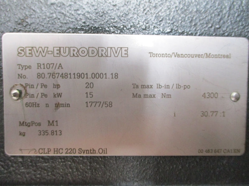 SEW-EURODRIVE R107DRN160L4/BE20HR/EG7C 230/460V 50.00/25.00A NSNP