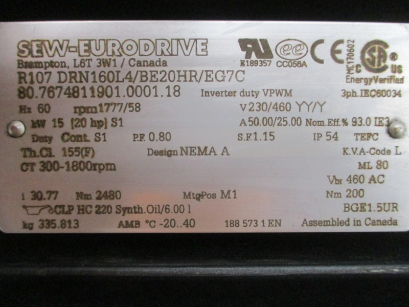SEW-EURODRIVE R107DRN160L4/BE20HR/EG7C 230/460V 50.00/25.00A NSNP