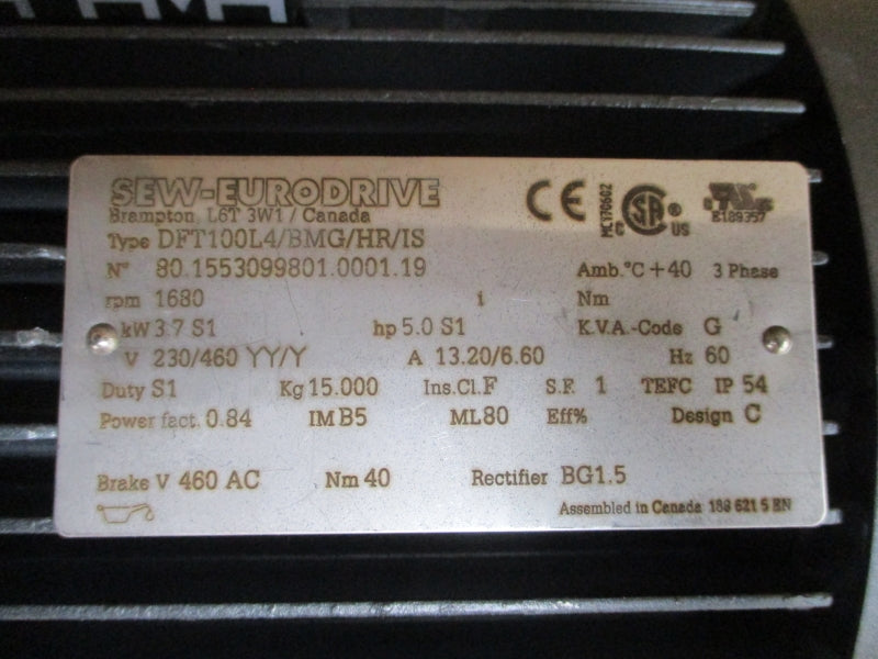 SEW-EURODRIVE DFT100L4/BMG/HR/IS 230/460V 13.20/6.60A NSMP