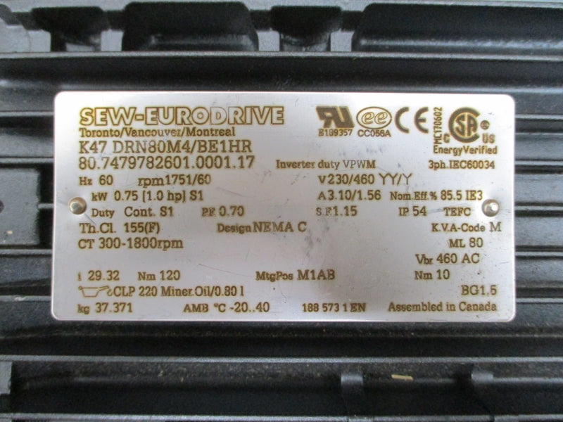 SEW-EURODRIVE K47DRN80M4/BE1HR 230/460V 3.10/1.56A NSMP