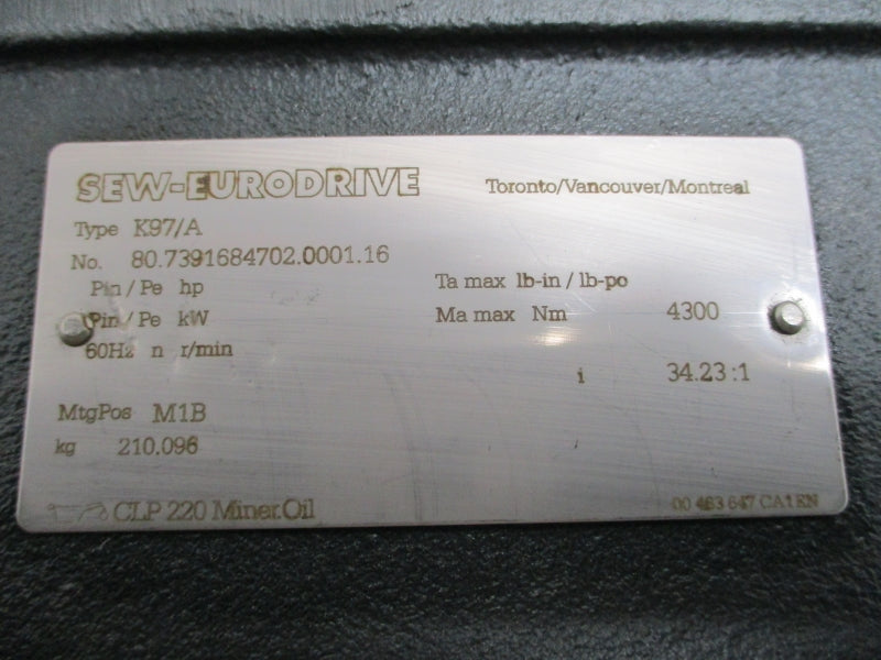 SEW-EURODRIVE K97R57DRN100L4 230/460V 14.30/7.20A NSNP