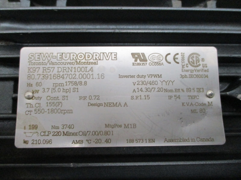 SEW-EURODRIVE K97R57DRN100L4 230/460V 14.30/7.20A NSNP