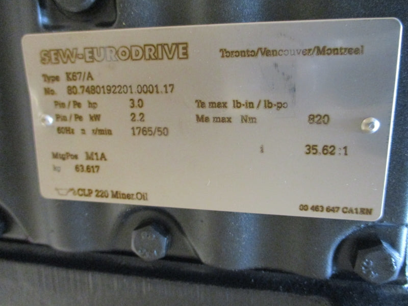 SEW-EURODRIVE K67DRN100L4 230/460V 8.30/4.15A NSMP