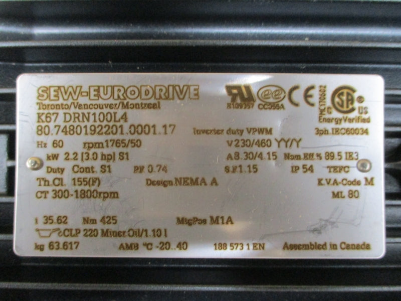 SEW-EURODRIVE K67DRN100L4 230/460V 8.30/4.15A NSMP