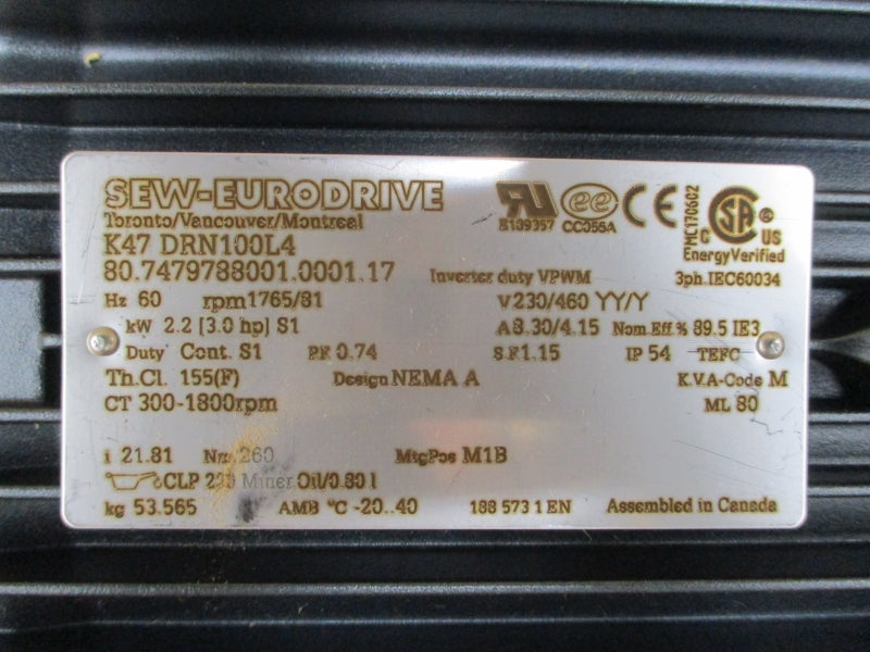 SEW-EURODRIVE K47DRN100L4 230/460V 8.30/4.15A NSMP