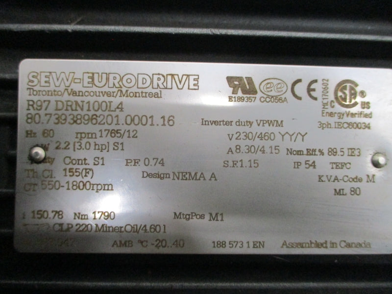 SEW-EURODRIVE R97DRN100L4 230/460V 8.30/4.15A NSNP