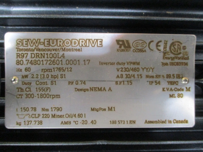 SEW-EURODRIVE R97DRN100L4 230/460V 8.30/4.15A NSMP