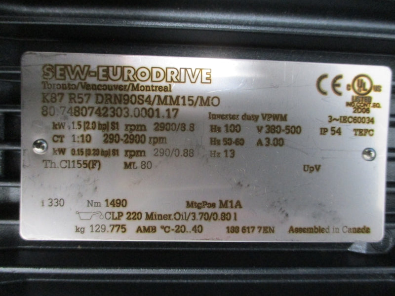 SEW-EURODRIVE K87R57DRN90S4/MM15/MO 380-500V 3.00A NSMP