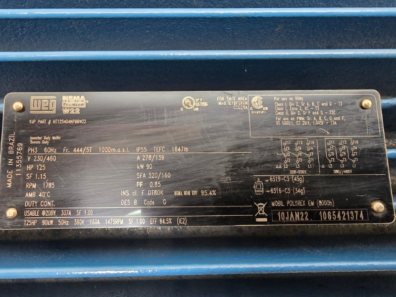 WEG 125 HP 1785 RPM 11355769 HT125404NPBBW22 230/460V 278/139A NSMP
