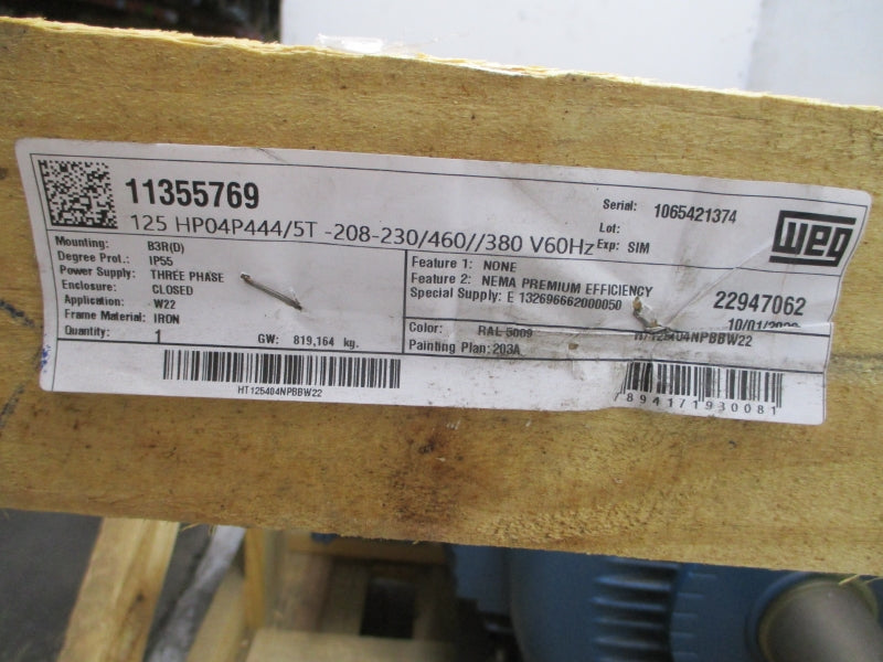 WEG 125 HP 1785 RPM 11355769 HT125404NPBBW22 230/460V 278/139A NSMP