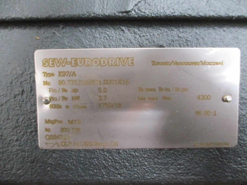 SEW-EURODRIVE K97DRE100LC4BE5HR/TF 460V 6.50A NSMP