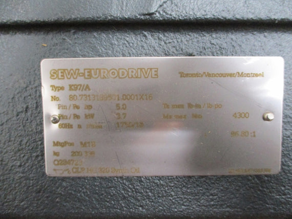 SEW-EURODRIVE K97DRE100LC4BE5HR/TF 460V 6.50A NSMP
