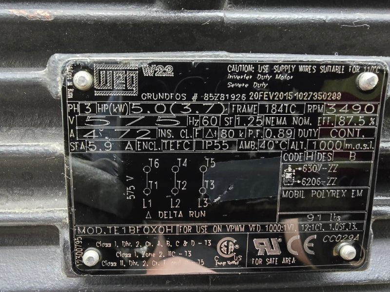 GRUNDFOS CRN3-21 A-FGJ-G-E-HQQE A96083916P115260134 575V 4.72A 363PSI NSNP