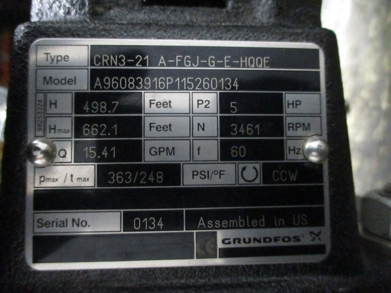 GRUNDFOS CRN3-21 A-FGJ-G-E-HQQE A96083916P115260134 575V 4.72A 363PSI NSNP