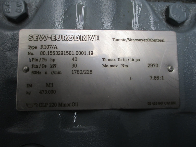 SEW-EURODRIVE R107DRE200L4BE30HR/AV1H/DUB 230/460V 99.00/49.50A NSNP
