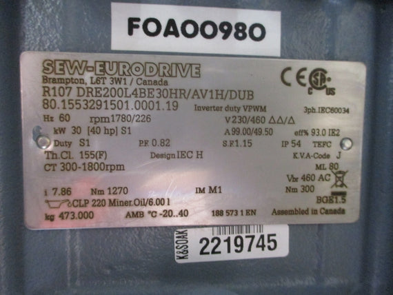SEW-EURODRIVE R107DRE200L4BE30HR/AV1H/DUB 230/460V 99.00/49.50A NSNP