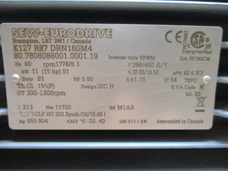 SEW-EURODRIVE K127R87DRN160M4 266/460V 32.00/18.50A (AS PICTURED) NSNP