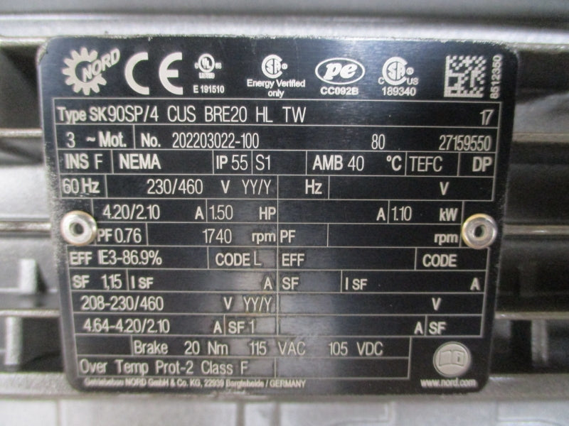 NORD SK90SP/4CUSBRE20HLTW 9042.1AZBD-90SP/4CUS 230/460V 4.20/2.10A NSMP