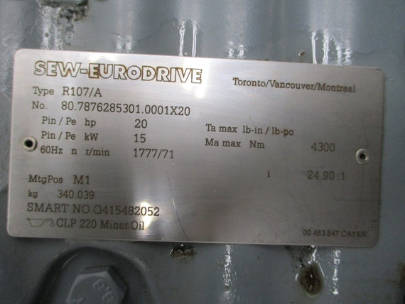 SEW-EURODRIVE R107DRN160L4/BE20HR/EV7C 230/460V 50.00/25.00A (AS PICTURED) NSNP