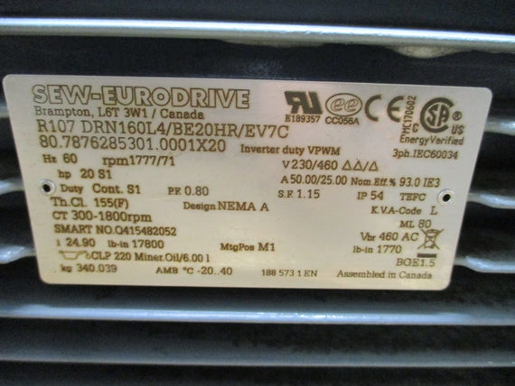 SEW-EURODRIVE R107DRN160L4/BE20HR/EV7C 230/460V 50.00/25.00A (AS PICTURED) NSNP