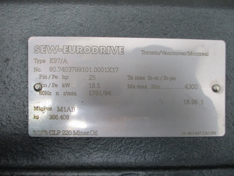 SEW-EURODRIVE K97DRN180M4/BE30HF* 230/460V 59.00/29.50A NSNP