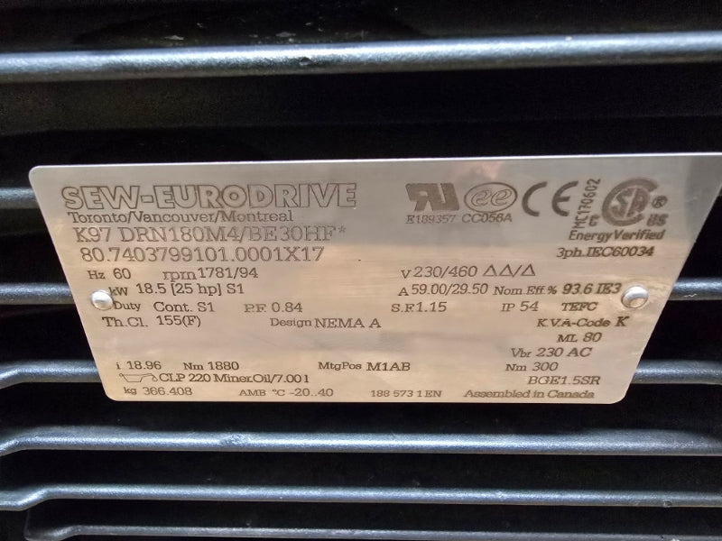 SEW-EURODRIVE K97DRN180M4/BE30HF* 230/460V 59.00/29.50A NSNP
