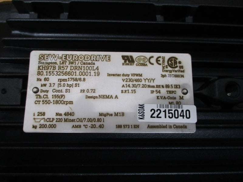 SEW-EURODRIVE KH97BR57DRN100L4 230/460V 14.30/7.20A NSMP