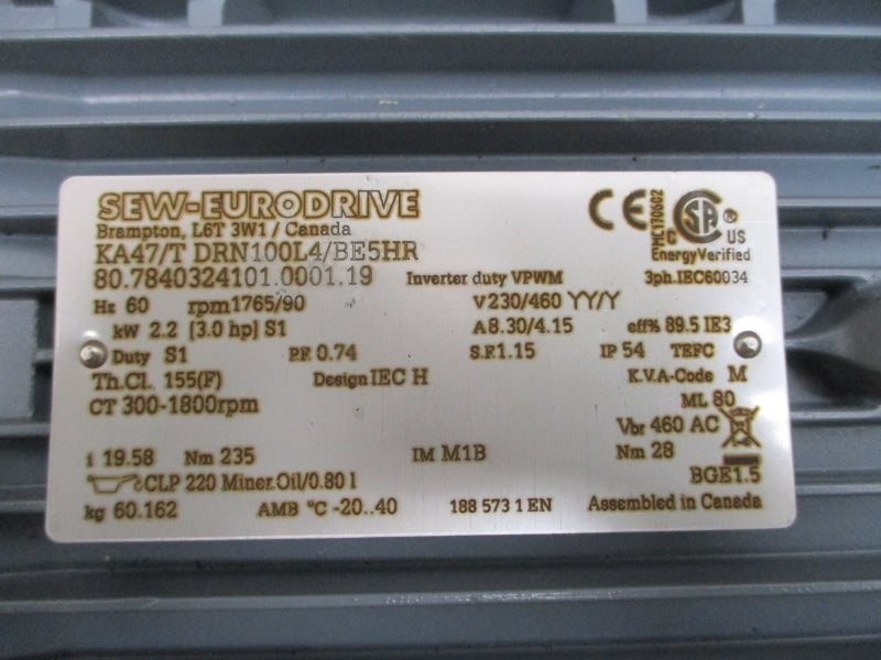 SEW-EURODRIVE KA47/TDRN100L4/BE5HR 230/460V 8.30/4.15A NSMP