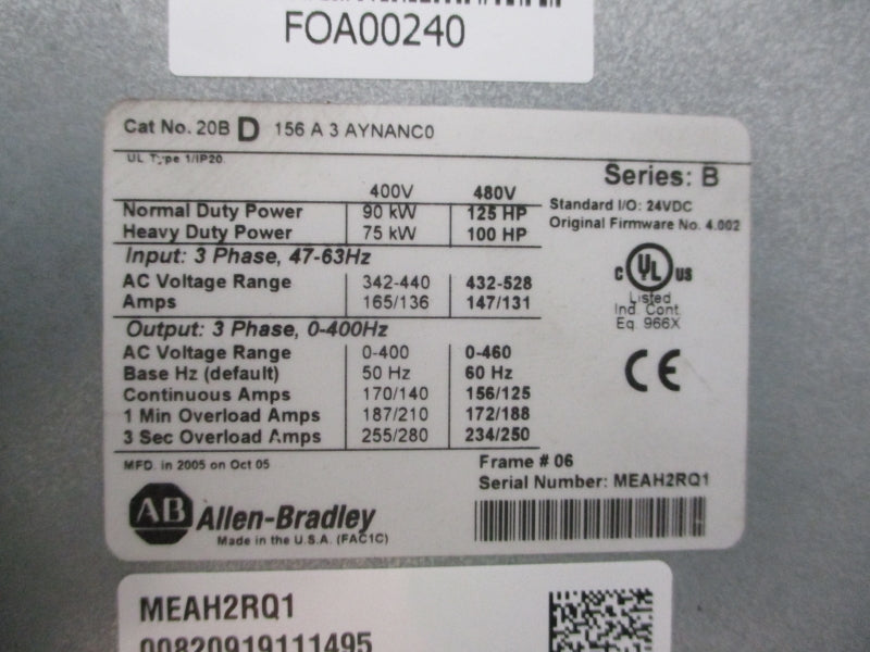 ALLEN BRADLEY 20BD156A3AYNANC0 SER. B F/W 4.002 432-528VAC 147/131A NSNP
