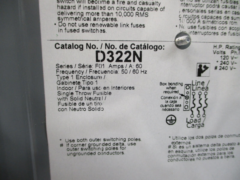 SQUARE D D322N SER. F01 240VAC 60A NSMP