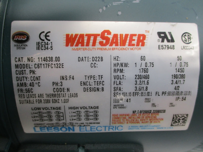 LEESON ELECTRIC 114638.00 C6T17FC132E 230/460V 3.2/1.6A NSNP