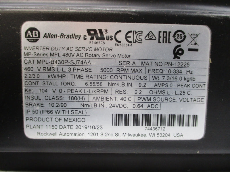 ALLEN BRADLEY MPL-B430P-SJ74AA SER. A 480VAC 9.2A NSNP