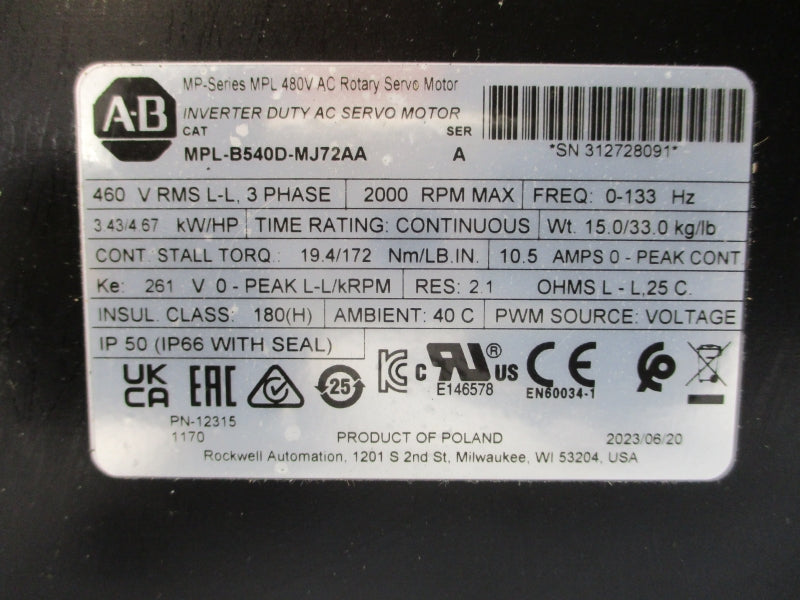 ALLEN BRADLEY MPL-B540D-MJ72AA SER. A 460VAC 10.5A (BR/WH) NSMP