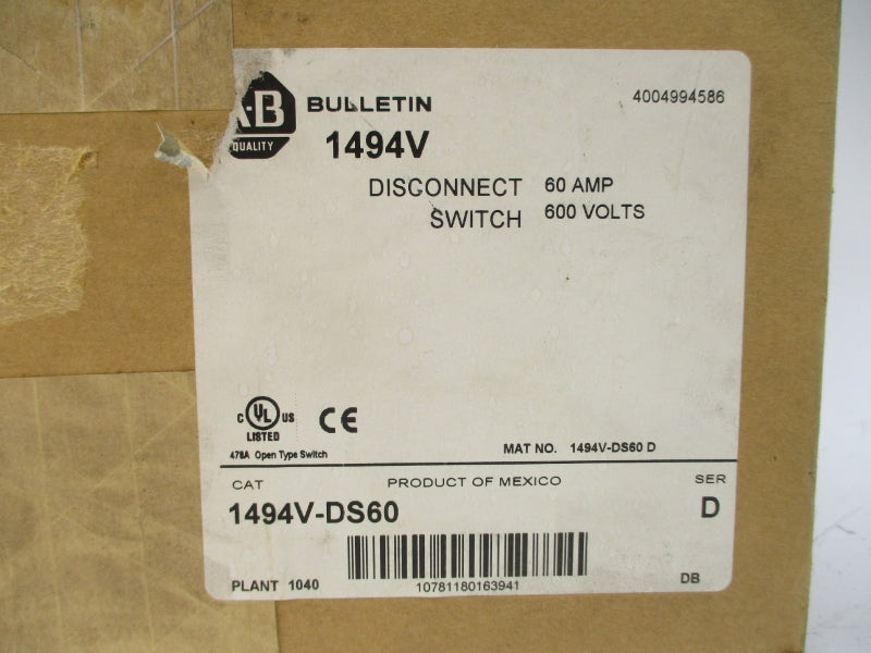 ALLEN BRADLEY 1494V-DS60 SER. D 600V 60A (BR/WH) NSMP