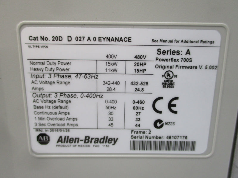ALLEN BRADLEY 20DD027A0EYNANACE SER. A F/W V.5.002 432-528V 24.8A UNMP