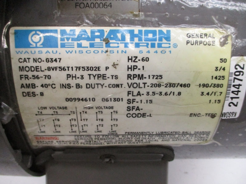 MARATHON ELECTRIC G347 8VF56T17F5302EP 208-230/460V 3.5-3.6/1.8A (AS PICTURED) NSNP