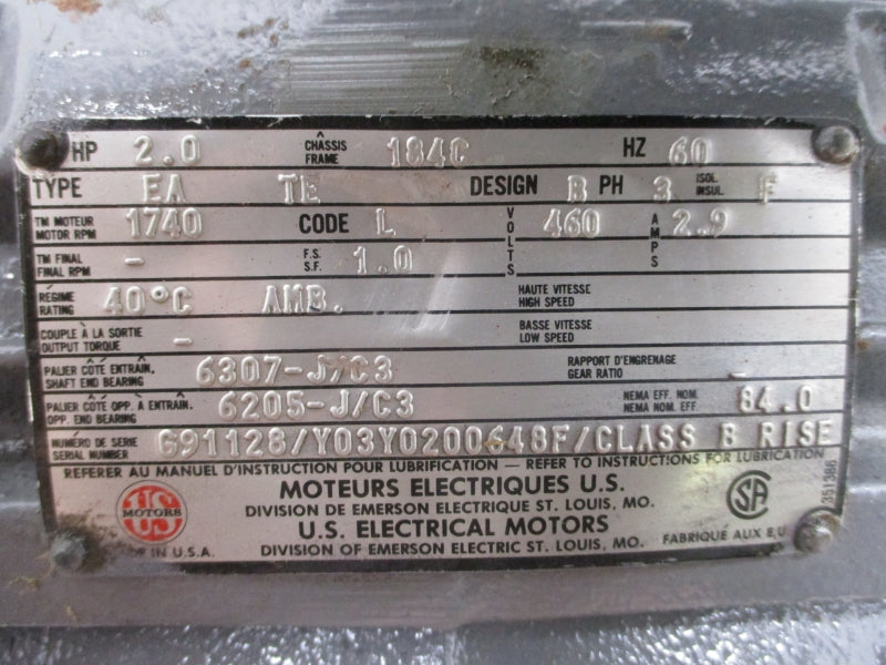 US MOTORS EA TE 2 HP 184C FRAME 460V 2.9A NSNP
