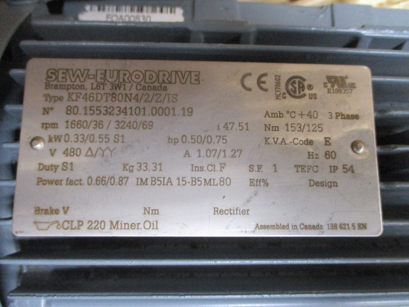 SEW-EURODRIVE KF46DT80N4/2/Z/IS 480V 1.07/1.27A NSMP