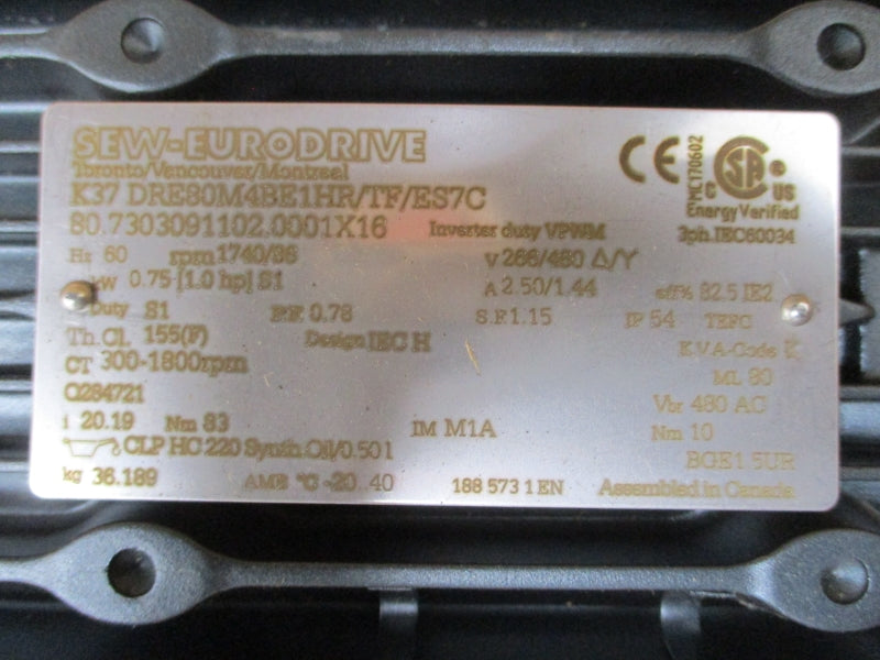 SEW-EURODRIVE K37DRE80M4BE1HR/TF/ES7C 266/460V 2.50/1.44A NSMP