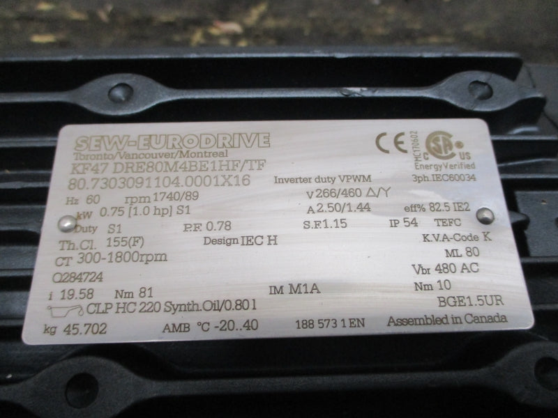 SEW-EURODRIVE KF47DRE80M4BE1HF/TF 266/460V 2.50/1.44A NSNP