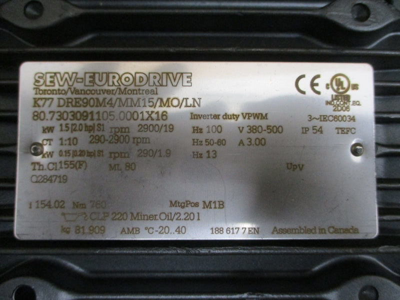 SEW-EURODRIVE K77DRE90M4/MM15/MO/LN 380-500V 3.00A NSMP