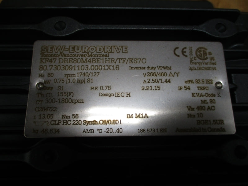 SEW-EURODRIVE KF47DRE80M4BE1HR/TF/ES7C 266/460V 2.50/1.44A NSMP