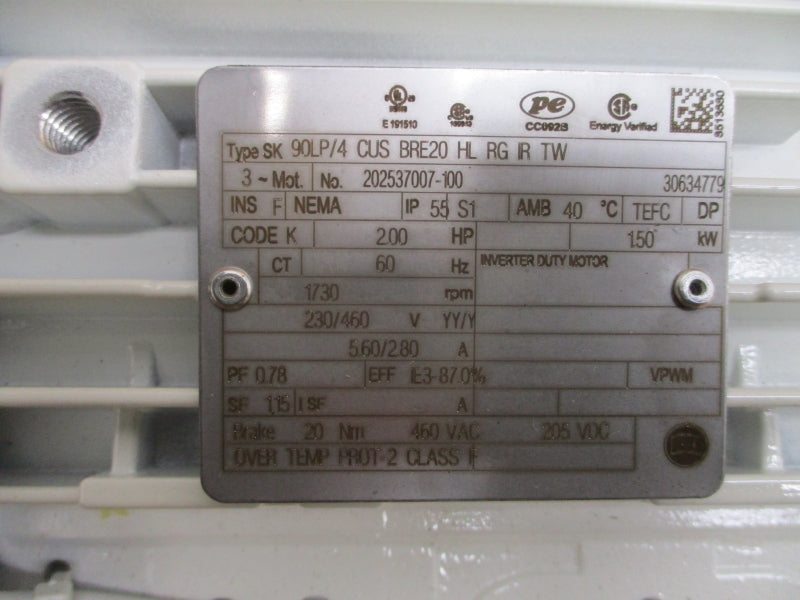 NORD DRIVE SYSTEMS SK90LP/4CUSBRE20HLRGIRTW SK9032.1LX VL-90LP/4CUS 230/460V 5.60/2.80A NSMP