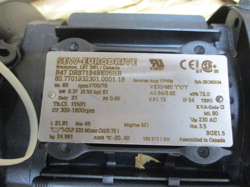 SEW-EURODRIVE R47DRS71S4BE05HR 230/460V 1.84/0.92A NSMP