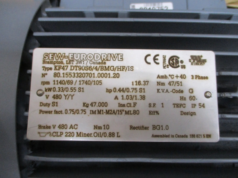 SEW-EURODRIVE KF47DT90S6/4/BMG/HF/IS 480V 1.03/1.38A NSMP