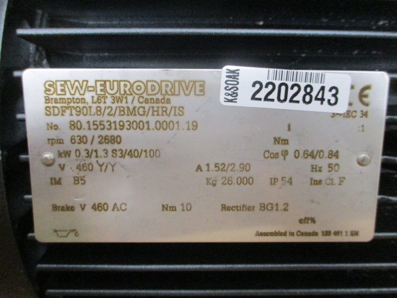SEW-EURODRIVE SDFT90L8/2/BMG/HR/IS 460V 1.52/2.90A NSMP