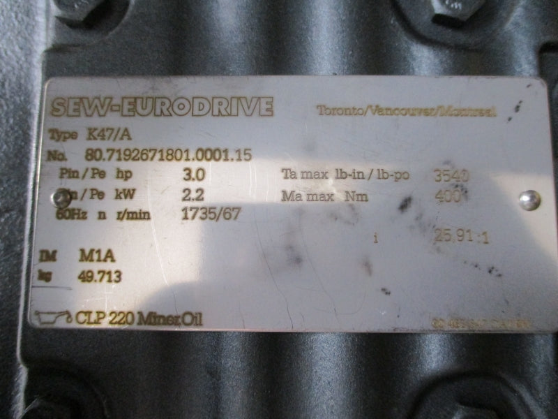 SEW-EURODRIVE K47DRE100L4 230/460V 8.00/4.00A NSMP