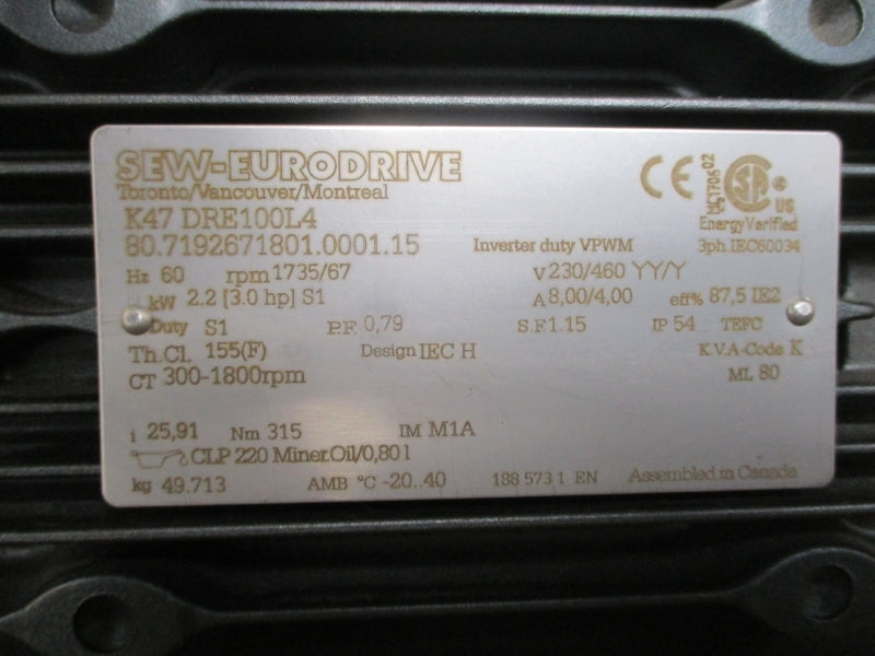 SEW-EURODRIVE K47DRE100L4 230/460V 8.00/4.00A NSMP